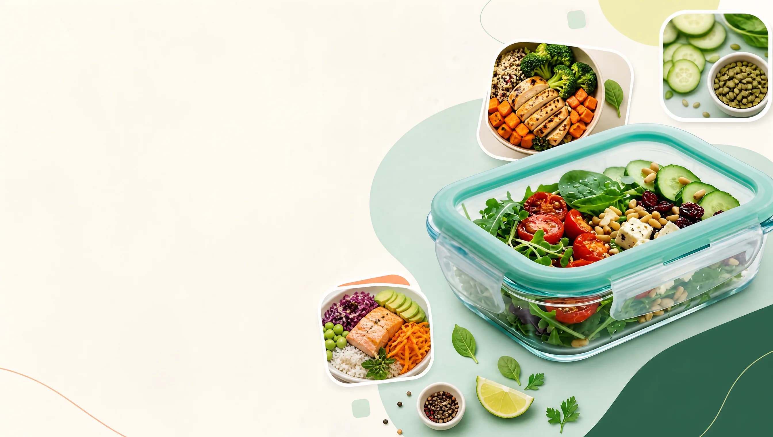 Colorful prepared meals in Tati-style turquoise-rim containers