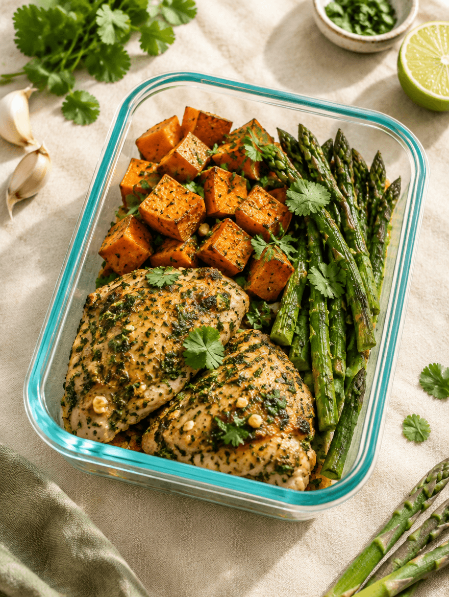 A freshly prepared meal in a turquoise-rim meal prep container